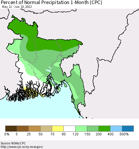 Bangladesh Percent of Normal Precipitation 1-Month (CPC) Thematic Map For 5/11/2022 - 6/10/2022