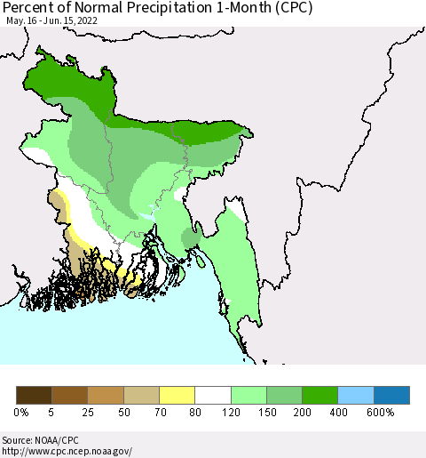 Bangladesh Percent of Normal Precipitation 1-Month (CPC) Thematic Map For 5/16/2022 - 6/15/2022