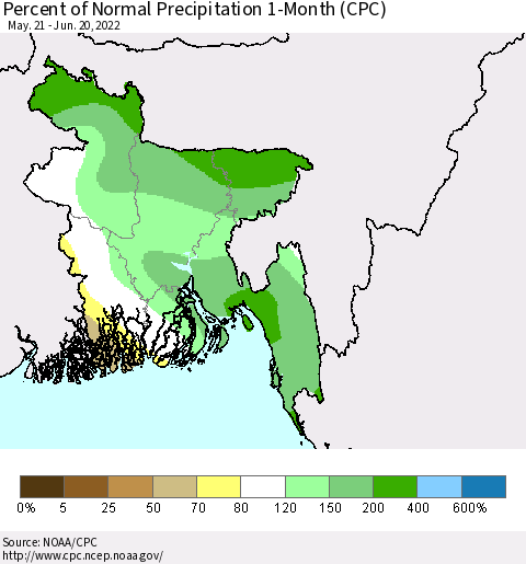 Bangladesh Percent of Normal Precipitation 1-Month (CPC) Thematic Map For 5/21/2022 - 6/20/2022