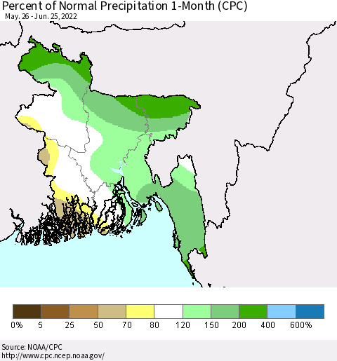 Bangladesh Percent of Normal Precipitation 1-Month (CPC) Thematic Map For 5/26/2022 - 6/25/2022