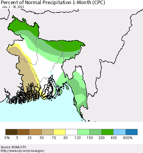 Bangladesh Percent of Normal Precipitation 1-Month (CPC) Thematic Map For 6/1/2022 - 6/30/2022