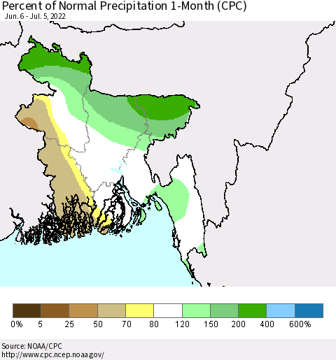 Bangladesh Percent of Normal Precipitation 1-Month (CPC) Thematic Map For 6/6/2022 - 7/5/2022