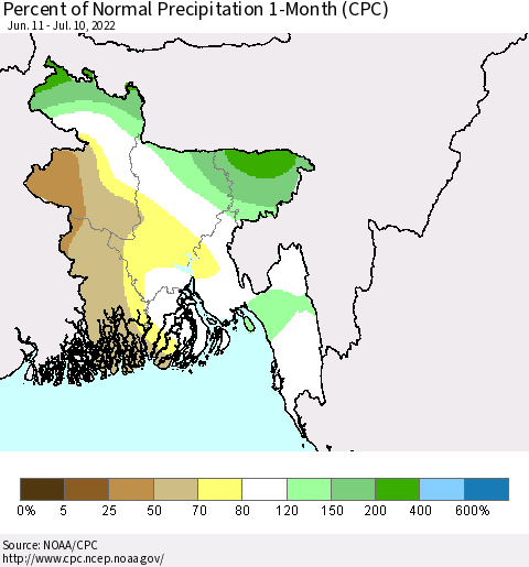 Bangladesh Percent of Normal Precipitation 1-Month (CPC) Thematic Map For 6/11/2022 - 7/10/2022