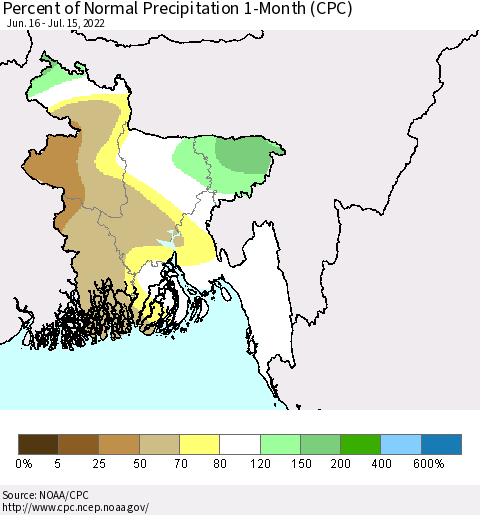 Bangladesh Percent of Normal Precipitation 1-Month (CPC) Thematic Map For 6/16/2022 - 7/15/2022