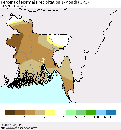 Bangladesh Percent of Normal Precipitation 1-Month (CPC) Thematic Map For 6/21/2022 - 7/20/2022