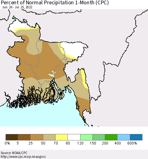 Bangladesh Percent of Normal Precipitation 1-Month (CPC) Thematic Map For 6/26/2022 - 7/25/2022
