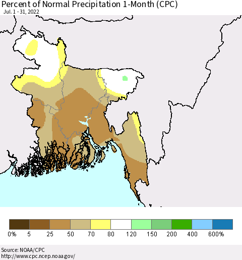 Bangladesh Percent of Normal Precipitation 1-Month (CPC) Thematic Map For 7/1/2022 - 7/31/2022