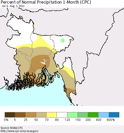 Bangladesh Percent of Normal Precipitation 1-Month (CPC) Thematic Map For 7/6/2022 - 8/5/2022