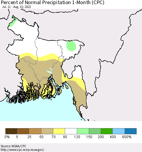 Bangladesh Percent of Normal Precipitation 1-Month (CPC) Thematic Map For 7/11/2022 - 8/10/2022