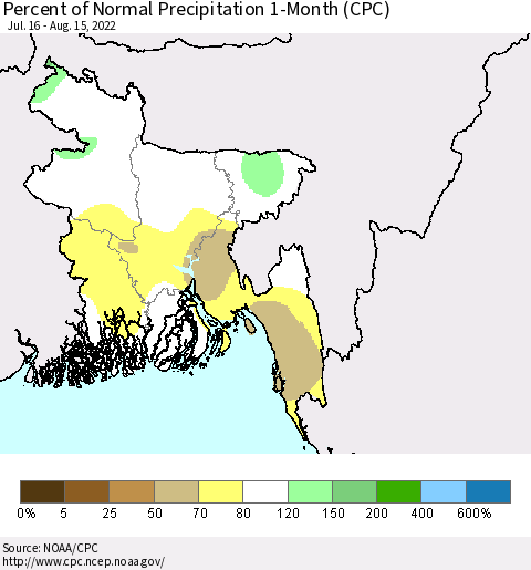 Bangladesh Percent of Normal Precipitation 1-Month (CPC) Thematic Map For 7/16/2022 - 8/15/2022