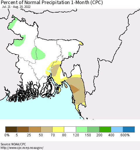 Bangladesh Percent of Normal Precipitation 1-Month (CPC) Thematic Map For 7/21/2022 - 8/20/2022