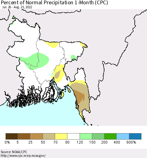 Bangladesh Percent of Normal Precipitation 1-Month (CPC) Thematic Map For 7/26/2022 - 8/25/2022