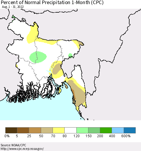 Bangladesh Percent of Normal Precipitation 1-Month (CPC) Thematic Map For 8/1/2022 - 8/31/2022