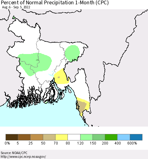 Bangladesh Percent of Normal Precipitation 1-Month (CPC) Thematic Map For 8/6/2022 - 9/5/2022