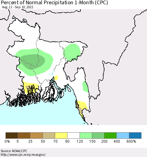 Bangladesh Percent of Normal Precipitation 1-Month (CPC) Thematic Map For 8/11/2022 - 9/10/2022