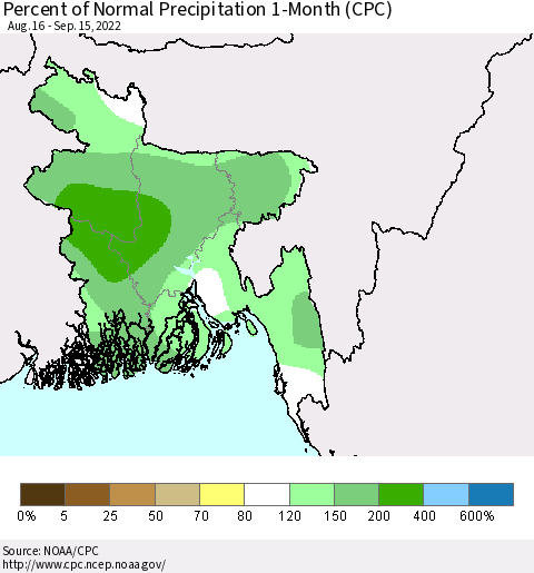 Bangladesh Percent of Normal Precipitation 1-Month (CPC) Thematic Map For 8/16/2022 - 9/15/2022