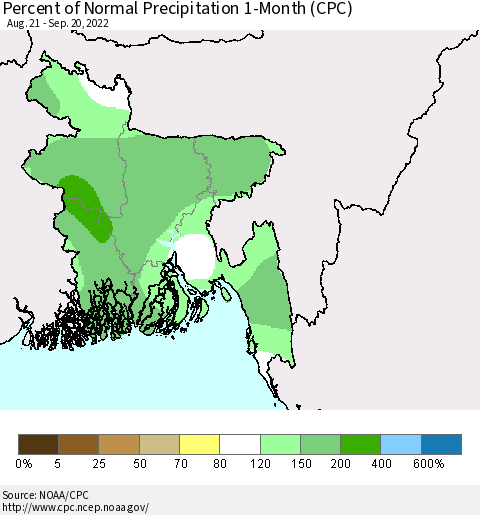 Bangladesh Percent of Normal Precipitation 1-Month (CPC) Thematic Map For 8/21/2022 - 9/20/2022