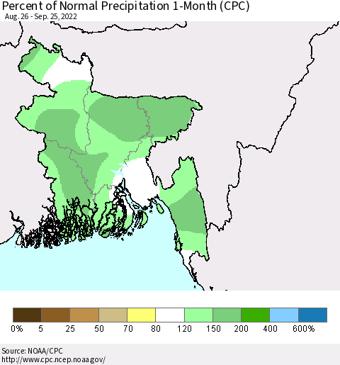 Bangladesh Percent of Normal Precipitation 1-Month (CPC) Thematic Map For 8/26/2022 - 9/25/2022