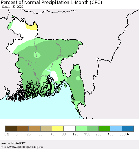 Bangladesh Percent of Normal Precipitation 1-Month (CPC) Thematic Map For 9/1/2022 - 9/30/2022