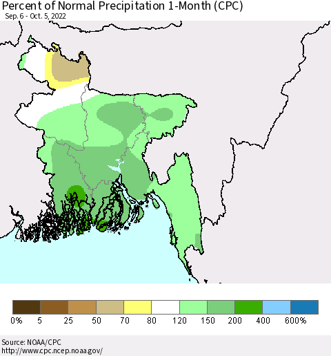 Bangladesh Percent of Normal Precipitation 1-Month (CPC) Thematic Map For 9/6/2022 - 10/5/2022