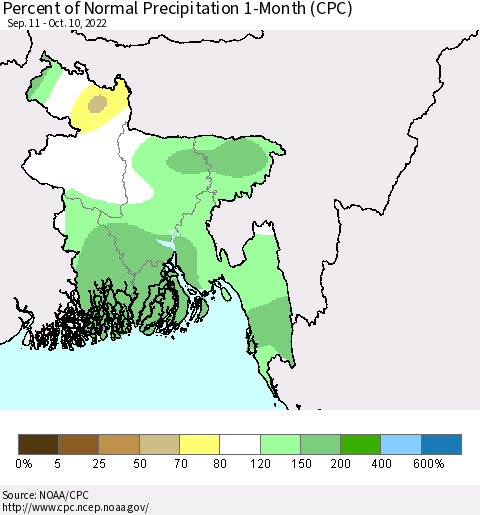 Bangladesh Percent of Normal Precipitation 1-Month (CPC) Thematic Map For 9/11/2022 - 10/10/2022