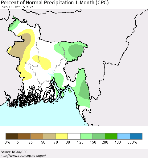 Bangladesh Percent of Normal Precipitation 1-Month (CPC) Thematic Map For 9/16/2022 - 10/15/2022