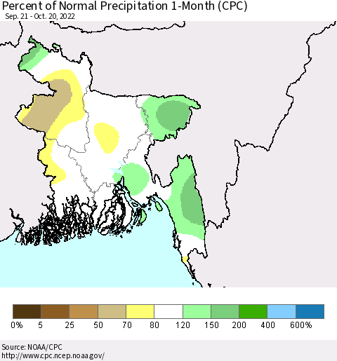 Bangladesh Percent of Normal Precipitation 1-Month (CPC) Thematic Map For 9/21/2022 - 10/20/2022
