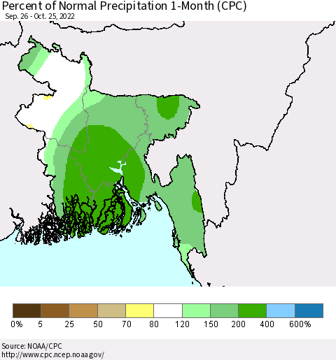 Bangladesh Percent of Normal Precipitation 1-Month (CPC) Thematic Map For 9/26/2022 - 10/25/2022