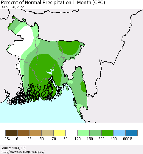 Bangladesh Percent of Normal Precipitation 1-Month (CPC) Thematic Map For 10/1/2022 - 10/31/2022