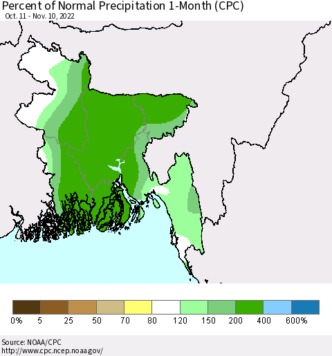 Bangladesh Percent of Normal Precipitation 1-Month (CPC) Thematic Map For 10/11/2022 - 11/10/2022