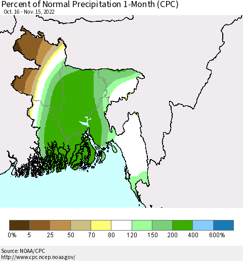 Bangladesh Percent of Normal Precipitation 1-Month (CPC) Thematic Map For 10/16/2022 - 11/15/2022