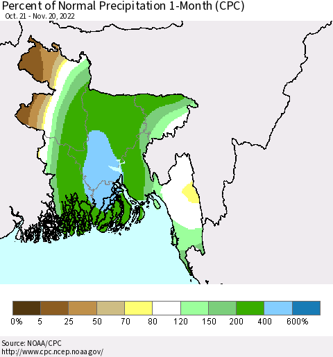 Bangladesh Percent of Normal Precipitation 1-Month (CPC) Thematic Map For 10/21/2022 - 11/20/2022