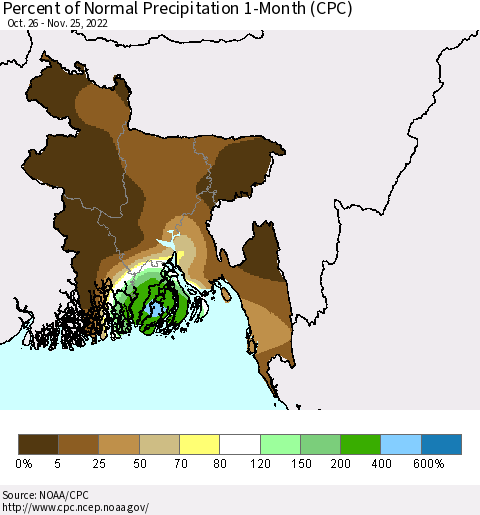 Bangladesh Percent of Normal Precipitation 1-Month (CPC) Thematic Map For 10/26/2022 - 11/25/2022