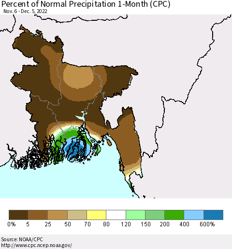 Bangladesh Percent of Normal Precipitation 1-Month (CPC) Thematic Map For 11/6/2022 - 12/5/2022