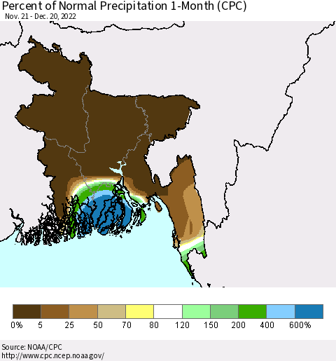 Bangladesh Percent of Normal Precipitation 1-Month (CPC) Thematic Map For 11/21/2022 - 12/20/2022