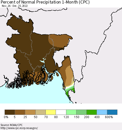 Bangladesh Percent of Normal Precipitation 1-Month (CPC) Thematic Map For 11/26/2022 - 12/25/2022