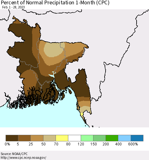 Bangladesh Percent of Normal Precipitation 1-Month (CPC) Thematic Map For 2/1/2023 - 2/28/2023