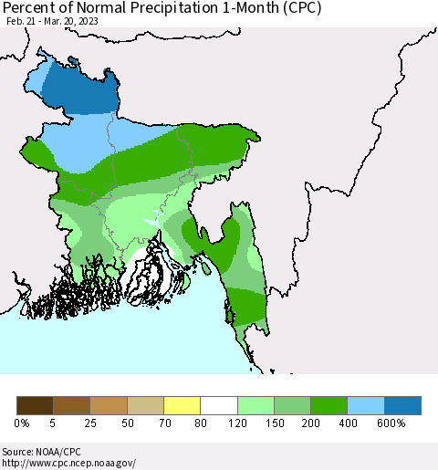 Bangladesh Percent of Normal Precipitation 1-Month (CPC) Thematic Map For 2/21/2023 - 3/20/2023