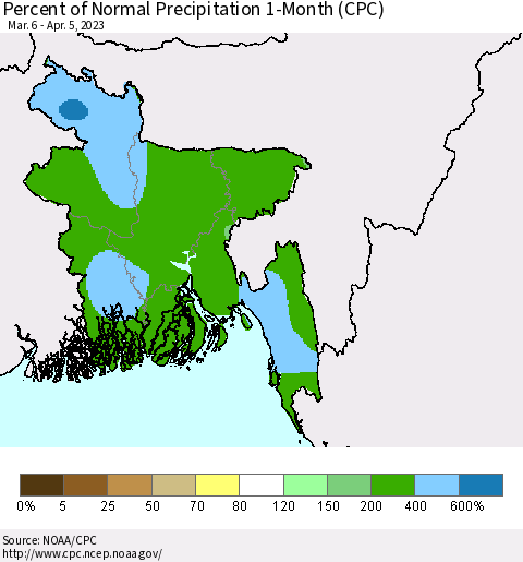Bangladesh Percent of Normal Precipitation 1-Month (CPC) Thematic Map For 3/6/2023 - 4/5/2023