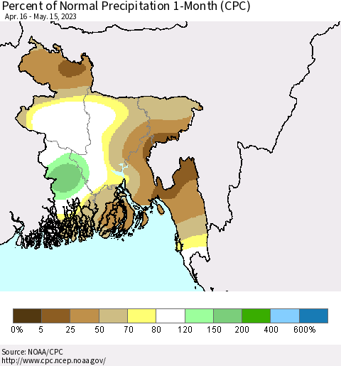 Bangladesh Percent of Normal Precipitation 1-Month (CPC) Thematic Map For 4/16/2023 - 5/15/2023
