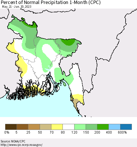 Bangladesh Percent of Normal Precipitation 1-Month (CPC) Thematic Map For 5/21/2023 - 6/20/2023
