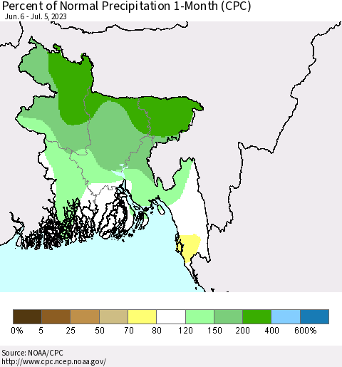 Bangladesh Percent of Normal Precipitation 1-Month (CPC) Thematic Map For 6/6/2023 - 7/5/2023