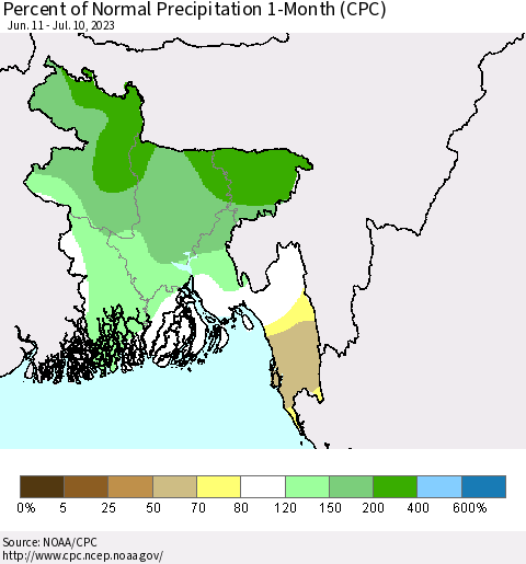 Bangladesh Percent of Normal Precipitation 1-Month (CPC) Thematic Map For 6/11/2023 - 7/10/2023