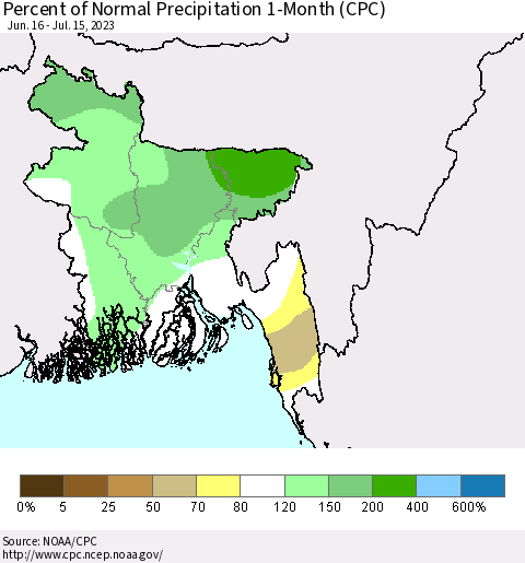 Bangladesh Percent of Normal Precipitation 1-Month (CPC) Thematic Map For 6/16/2023 - 7/15/2023