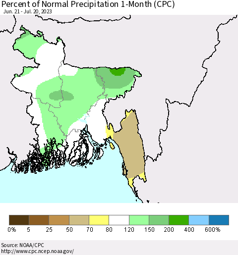 Bangladesh Percent of Normal Precipitation 1-Month (CPC) Thematic Map For 6/21/2023 - 7/20/2023