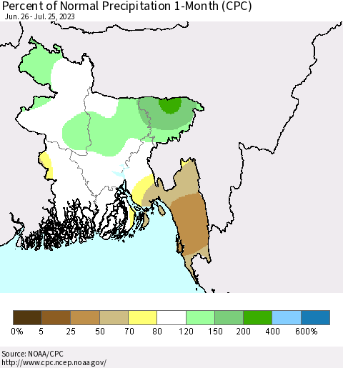 Bangladesh Percent of Normal Precipitation 1-Month (CPC) Thematic Map For 6/26/2023 - 7/25/2023