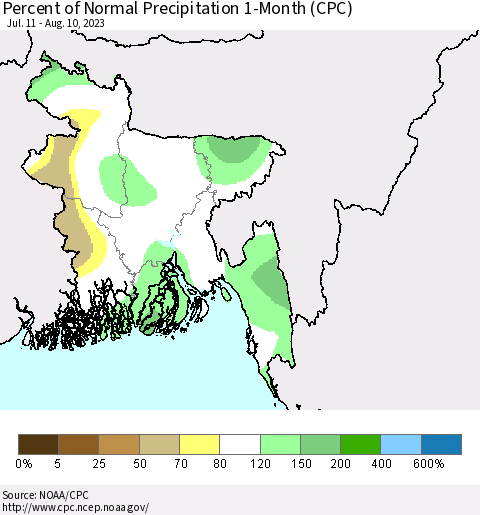 Bangladesh Percent of Normal Precipitation 1-Month (CPC) Thematic Map For 7/11/2023 - 8/10/2023