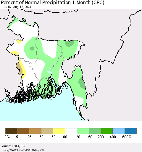 Bangladesh Percent of Normal Precipitation 1-Month (CPC) Thematic Map For 7/16/2023 - 8/15/2023