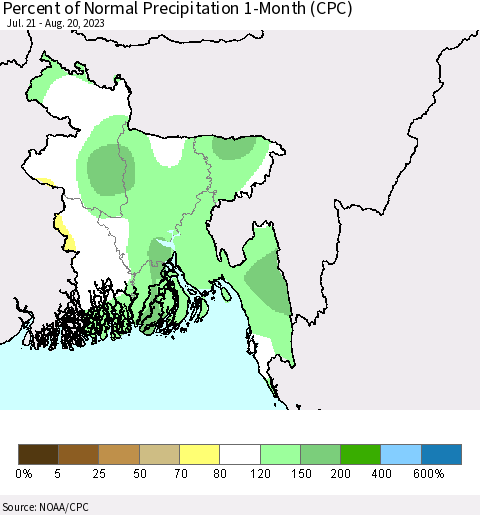 Bangladesh Percent of Normal Precipitation 1-Month (CPC) Thematic Map For 7/21/2023 - 8/20/2023
