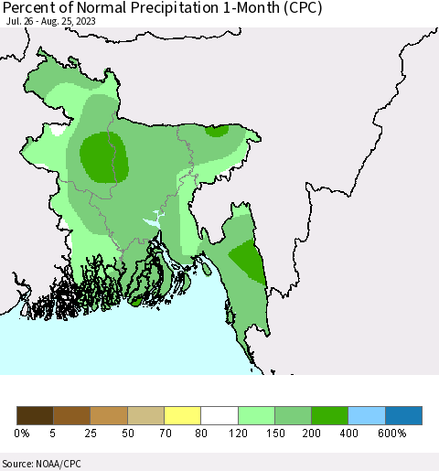 Bangladesh Percent of Normal Precipitation 1-Month (CPC) Thematic Map For 7/26/2023 - 8/25/2023